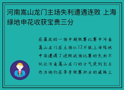 河南嵩山龙门主场失利遭遇连败 上海绿地申花收获宝贵三分